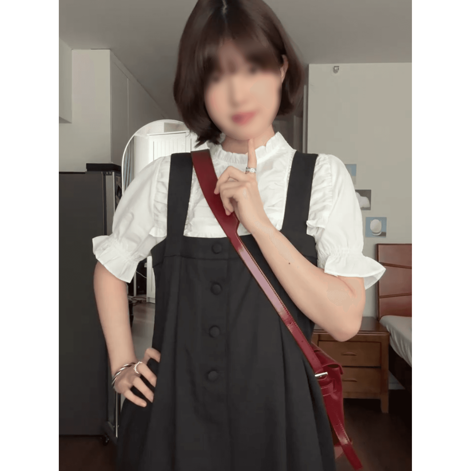 정가 한 부서 달콤한 스타일 프릴 거품 소매 여성 셔츠 단추 루즈핏 멜빵 긴 바지 세트 이미지 5
