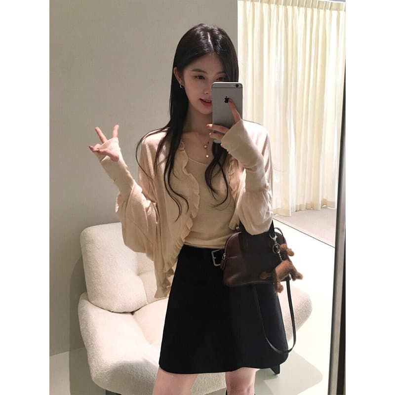 정가 부드러운 바람 루즈핏 자외선 차단 오픈 가디건 슬립 인사이드 가져 가라. 여성 2026 이른 가을 새로운 하이웨이스트 반신 미니 스커트 세트 이미지 6