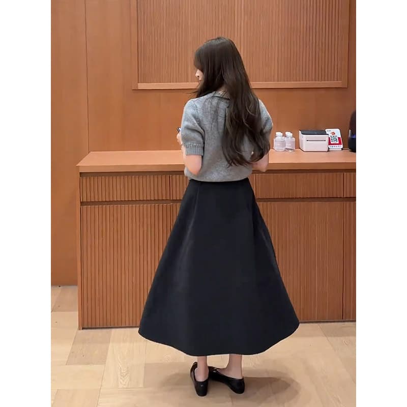 정가 프랑스식 부드러운 바람 라운드 넥 반팔 니트 스웨터 맨위 하이웨이스트 슬림해 보이는 반신 스커트 이른 가을 세트 상세 이미지 4