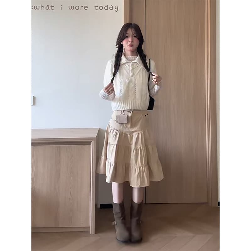 정가 한 부서 착용 가져 가라. 반팔 니트 스웨터 레이스 기본 셔츠 여성 하이웨이스트 슬림해 보이는 반신 치마 세트 이미지 3