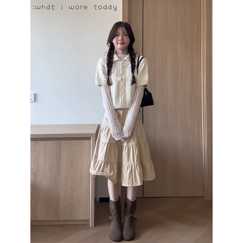 정가 한 부서 착용 가져 가라. 반팔 니트 스웨터 레이스 기본 셔츠 여성 하이웨이스트 슬림해 보이는 반신 치마 세트 상세 이미지 4