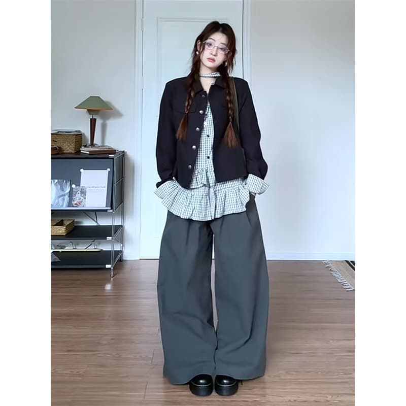 정가 한 부서 쇼트 스타일 재킷 스택 착용 체크무늬 셔츠 맨위 여성 가을 루즈핏 넓은 다리 캐주얼 바지 세트 상세 이미지 2