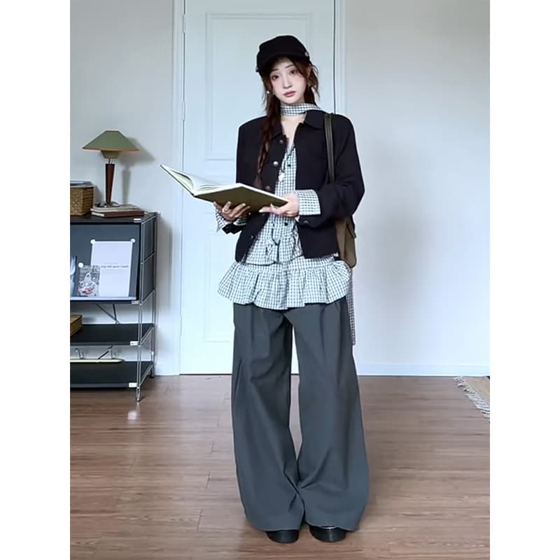 정가 한 부서 쇼트 스타일 재킷 스택 착용 체크무늬 셔츠 맨위 여성 가을 루즈핏 넓은 다리 캐주얼 바지 세트 상세 이미지 3