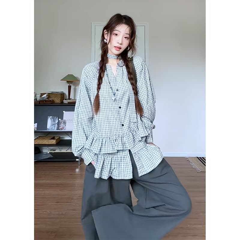 정가 한 부서 쇼트 스타일 재킷 스택 착용 체크무늬 셔츠 맨위 여성 가을 루즈핏 넓은 다리 캐주얼 바지 세트 상세 이미지 4