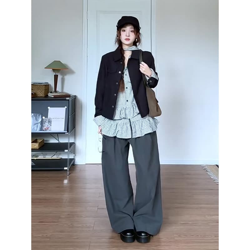 정가 한 부서 쇼트 스타일 재킷 스택 착용 체크무늬 셔츠 맨위 여성 가을 루즈핏 넓은 다리 캐주얼 바지 세트 상세 이미지 5