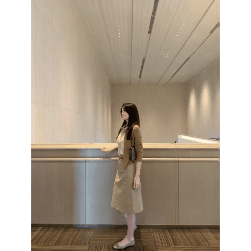 정가 한 부서 빛 럭셔리 센스 긴팔 니트 오픈 가디건 폴로 칼라 여성 셔츠 가을 하이웨이스트 반신 치마 세트 상세 이미지 3