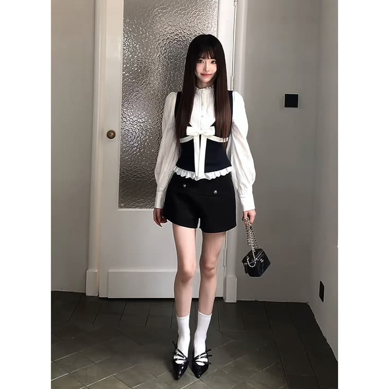 정가 한 부서 부드러운 바람 긴팔 셔츠 맨위 나비 매듭 베스트 조끼 여성 하이웨이스트 반바지 세트 이미지 3