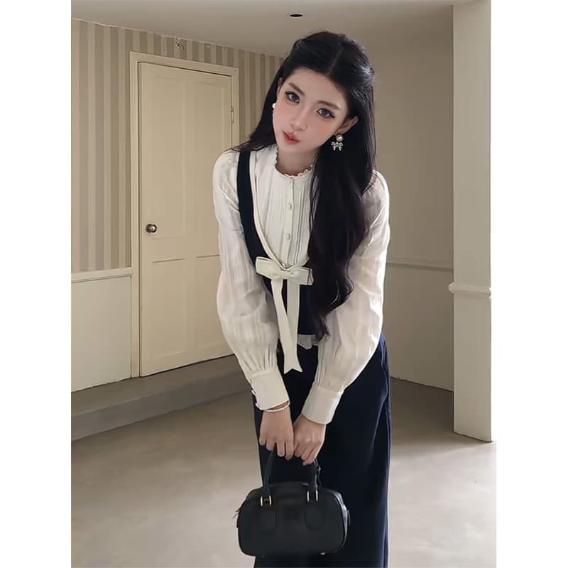 정가 달콤함 부드러운 바람 나비 매듭 베스트 긴팔 셔츠 맨위 여성 하이웨이스트 와이드 레그 팬츠 3종 세트 이미지 2
