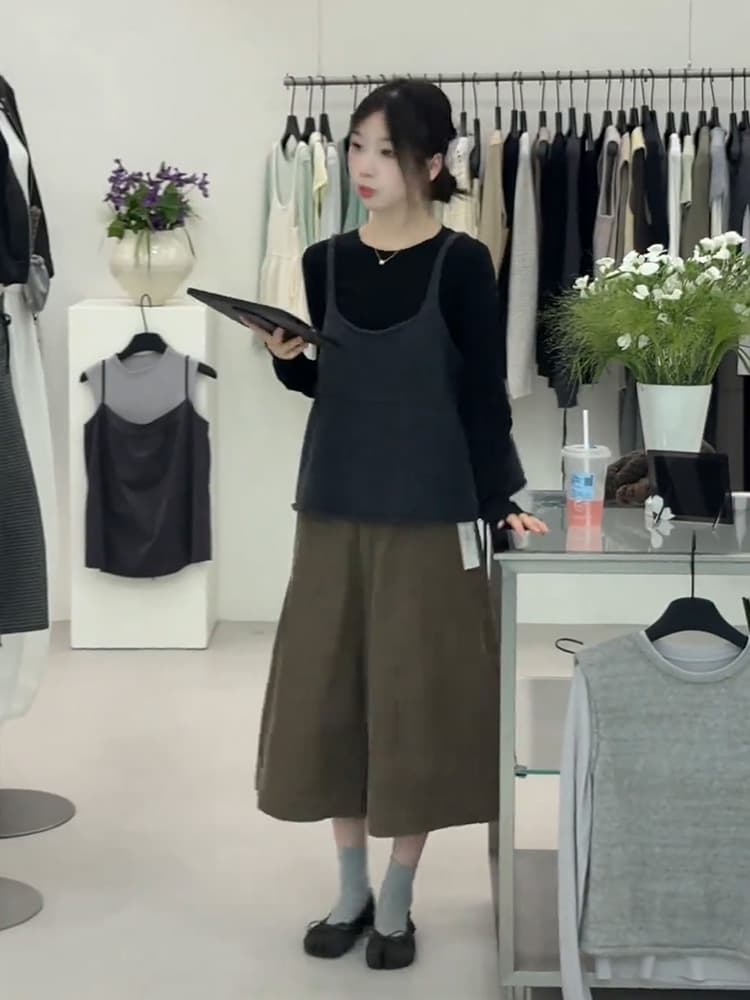 정가 고급 센스 긴팔 티셔츠 맨위 스택 착용 캐미솔 루즈핏 넓은 다리 7부 바지 세트 상세 이미지 3