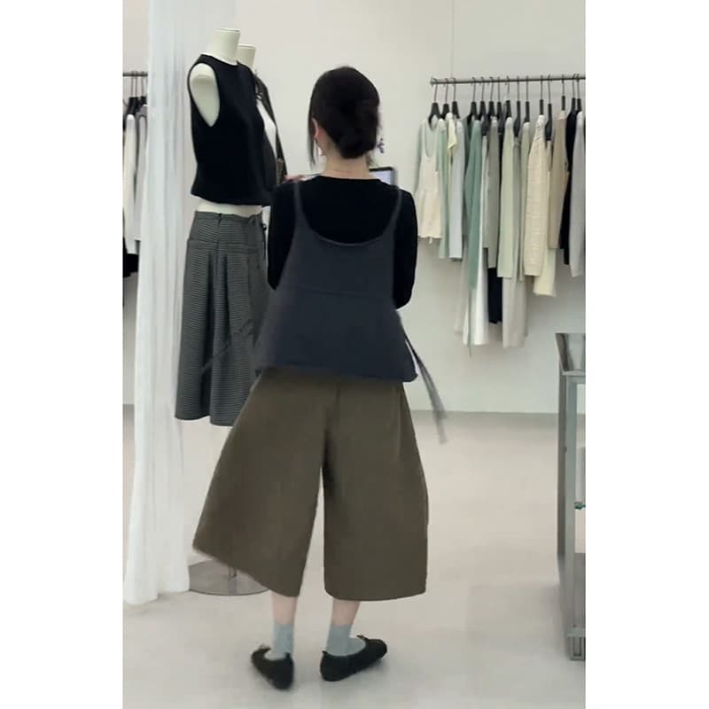 정가 고급 센스 긴팔 티셔츠 맨위 스택 착용 캐미솔 루즈핏 넓은 다리 7부 바지 세트 상세 이미지 5