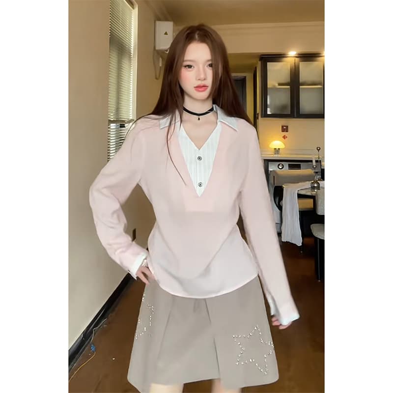 정가 프랑스식 페이크 레이어드 V넥 긴팔 셔츠 맨위 여성 이른 가을 디자인 센스 한 마디 반신 치마 세트 상세 이미지 2