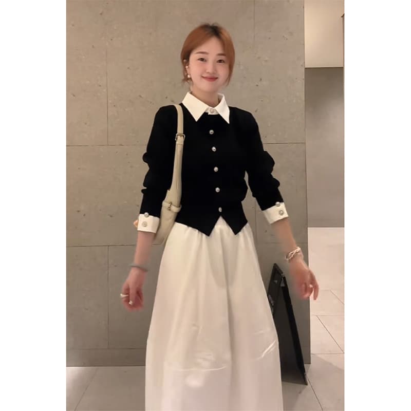 정가 부드러운 바람 디자인 센스 폴로 칼라 페이크 레이어드 맨위 여성 가을 코디 꽃밭 반신 치마 세트 상세 이미지 5