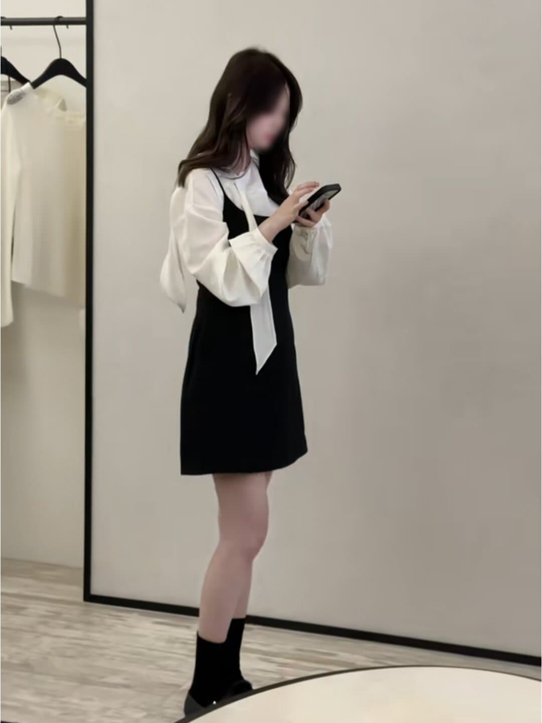 정가 재고 있음 부드러운 소녀 센스 검정색 슬립 여성 드레스 이른 가을 패션 리본 칼라 긴팔 셔츠 세트 이미지 4