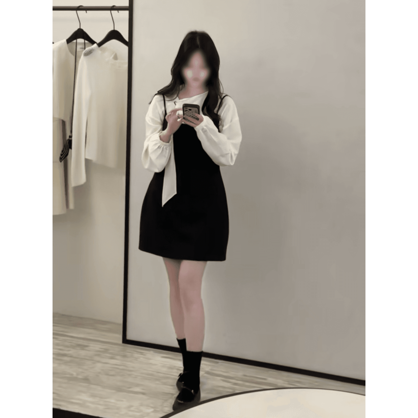 정가 재고 있음 부드러운 소녀 센스 검정색 슬립 여성 드레스 이른 가을 패션 리본 칼라 긴팔 셔츠 세트 상세 이미지 1