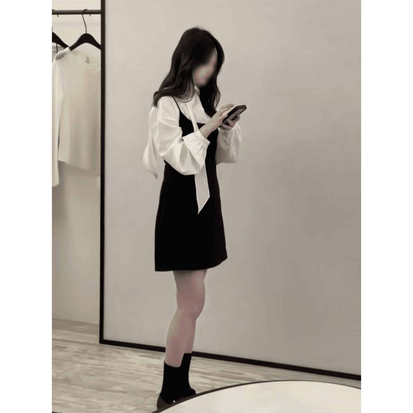 정가 재고 있음 부드러운 소녀 센스 검정색 슬립 여성 드레스 이른 가을 패션 리본 칼라 긴팔 셔츠 세트 상세 이미지 5