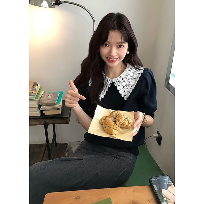 정가 프랑스식 부드러운 바람 베이비 칼라 니트 스웨터 맨위 하이웨이스트 한 마디 플리츠 반신 스커트 투피스 세트 상세 이미지 5