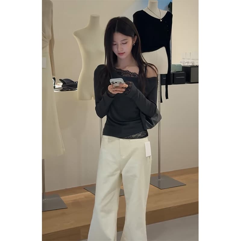 정가 프랑스식 부드러운 바람 레이스 조각 비스듬한 어깨 긴팔 맨위 하이웨이스트 부츠컷 캐주얼 바지 투피스 세트 이미지 6