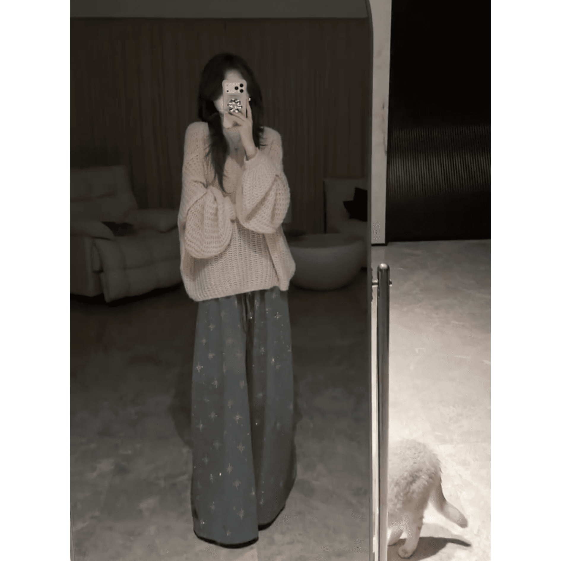 정가 이른 가을 새로운 느긋한 바람 홀로우 아웃 니트 스웨터 여성 한 부서 도루 센스 넓은 다리 길이 바지 부드러운 세트 이미지 3