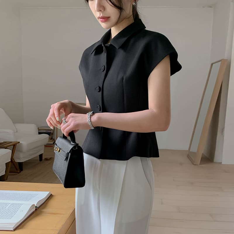 있음 선적 디자인 센스 패션 작은 샤넬 스타일 반팔 싱글 줄 버튼 폴로 칼라 짧은 외투