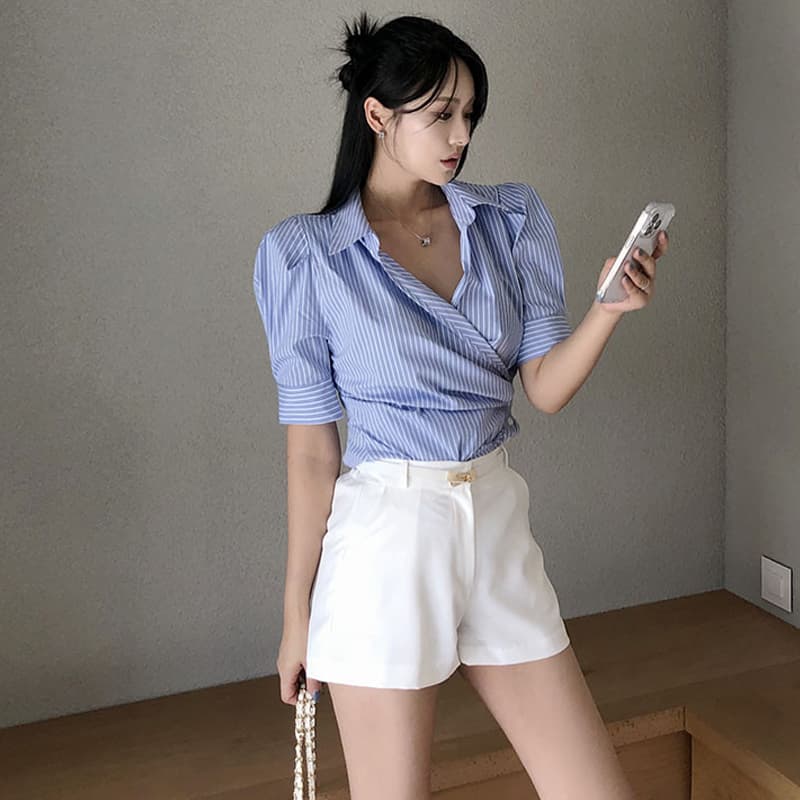 있음 선적 프랑스식 디자인 센스 불규칙 허리 수축 슬림해 보이는 거품 소매 셔츠 이미지 3