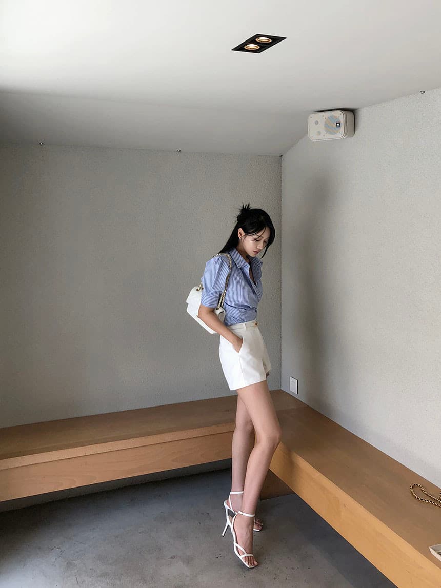 있음 선적 프랑스식 디자인 센스 불규칙 허리 수축 슬림해 보이는 거품 소매 셔츠 상세 이미지 3