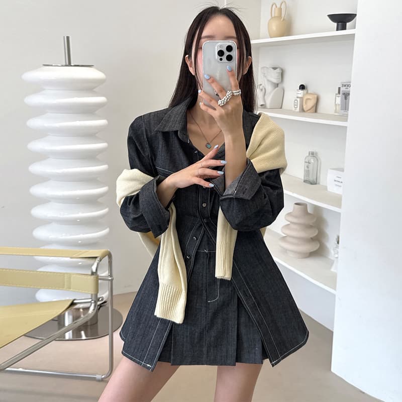 있음 선적 폴로 칼라 반팔 허리 수축 셔츠 스타일 드레스 플리츠 미니 스커트 투피스 세트 이미지 3