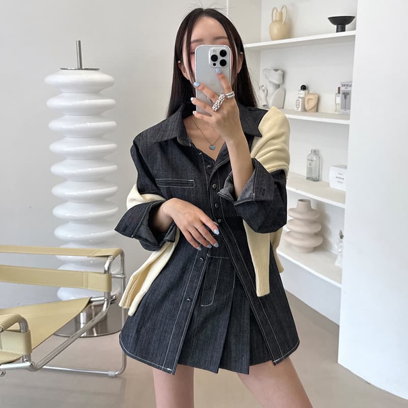있음 선적 폴로 칼라 반팔 허리 수축 셔츠 스타일 드레스 플리츠 미니 스커트 투피스 세트 이미지 5