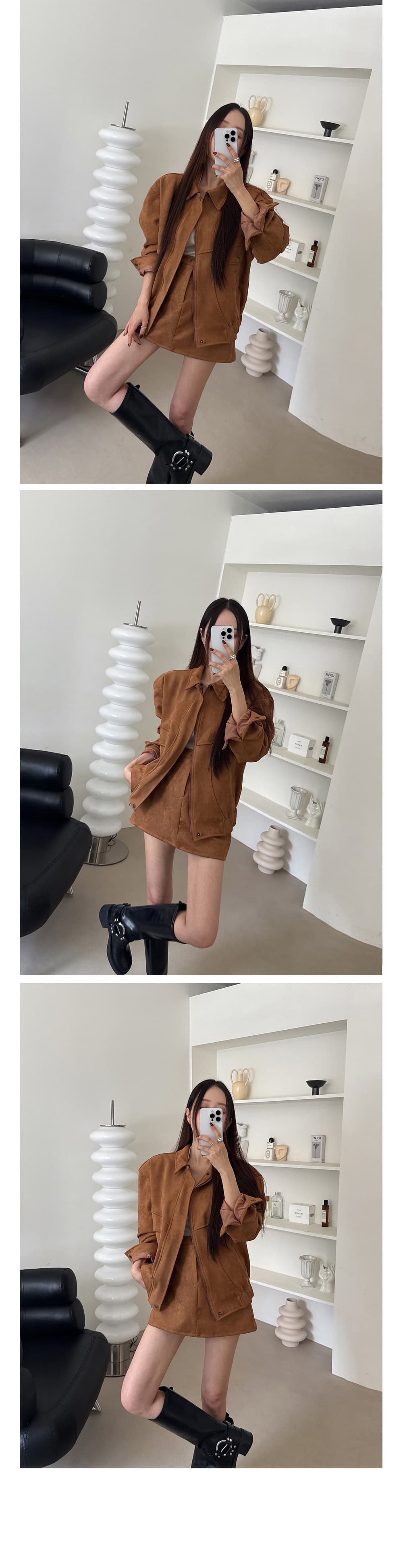 있음 선적 고대 다용도 폴로 칼라 루즈핏 긴팔 재킷 재킷 한 마디 반신 스커트 미니 스커트 투피스 세트 상세 이미지 1