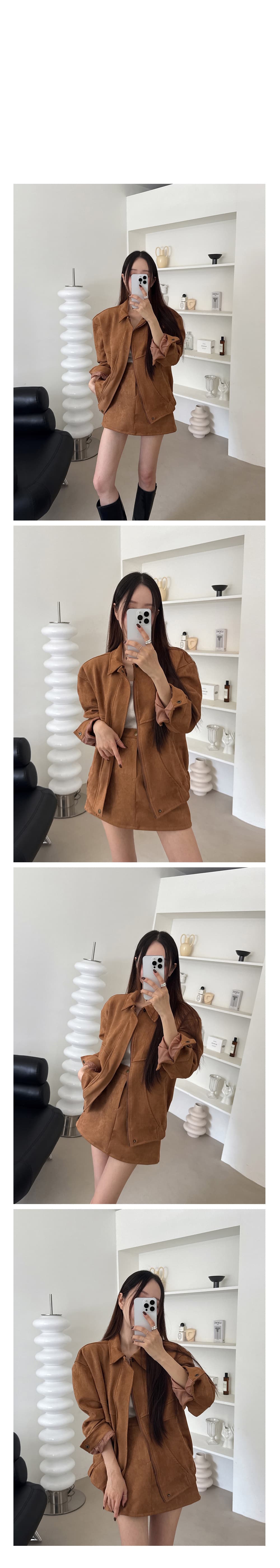 있음 선적 고대 다용도 폴로 칼라 루즈핏 긴팔 재킷 재킷 한 마디 반신 스커트 미니 스커트 투피스 세트 상세 이미지 4