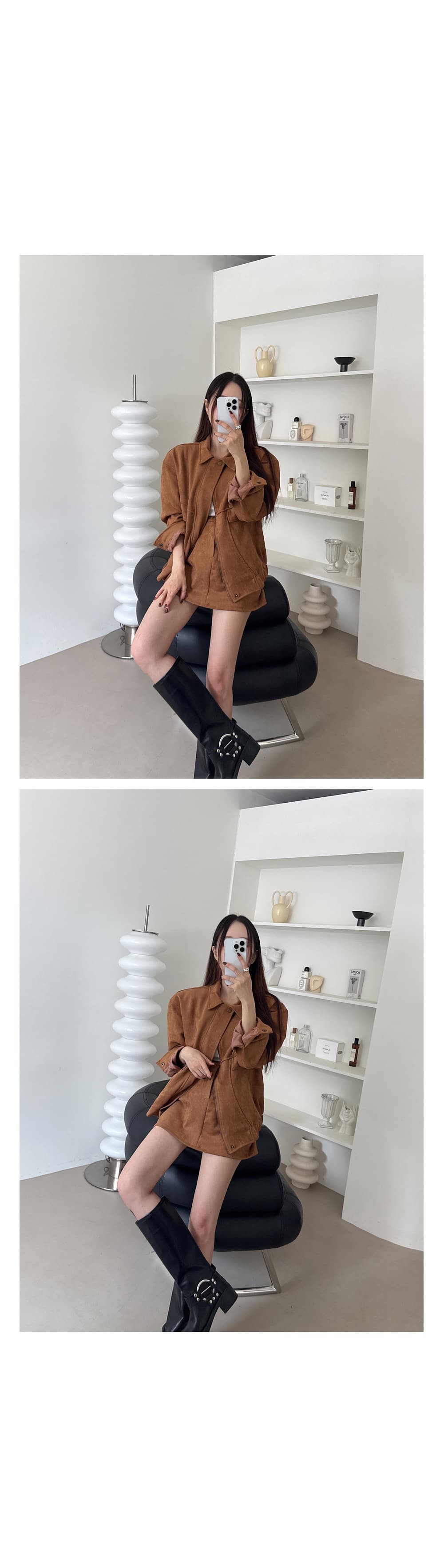 있음 선적 고대 다용도 폴로 칼라 루즈핏 긴팔 재킷 재킷 한 마디 반신 스커트 미니 스커트 투피스 세트 상세 이미지 5