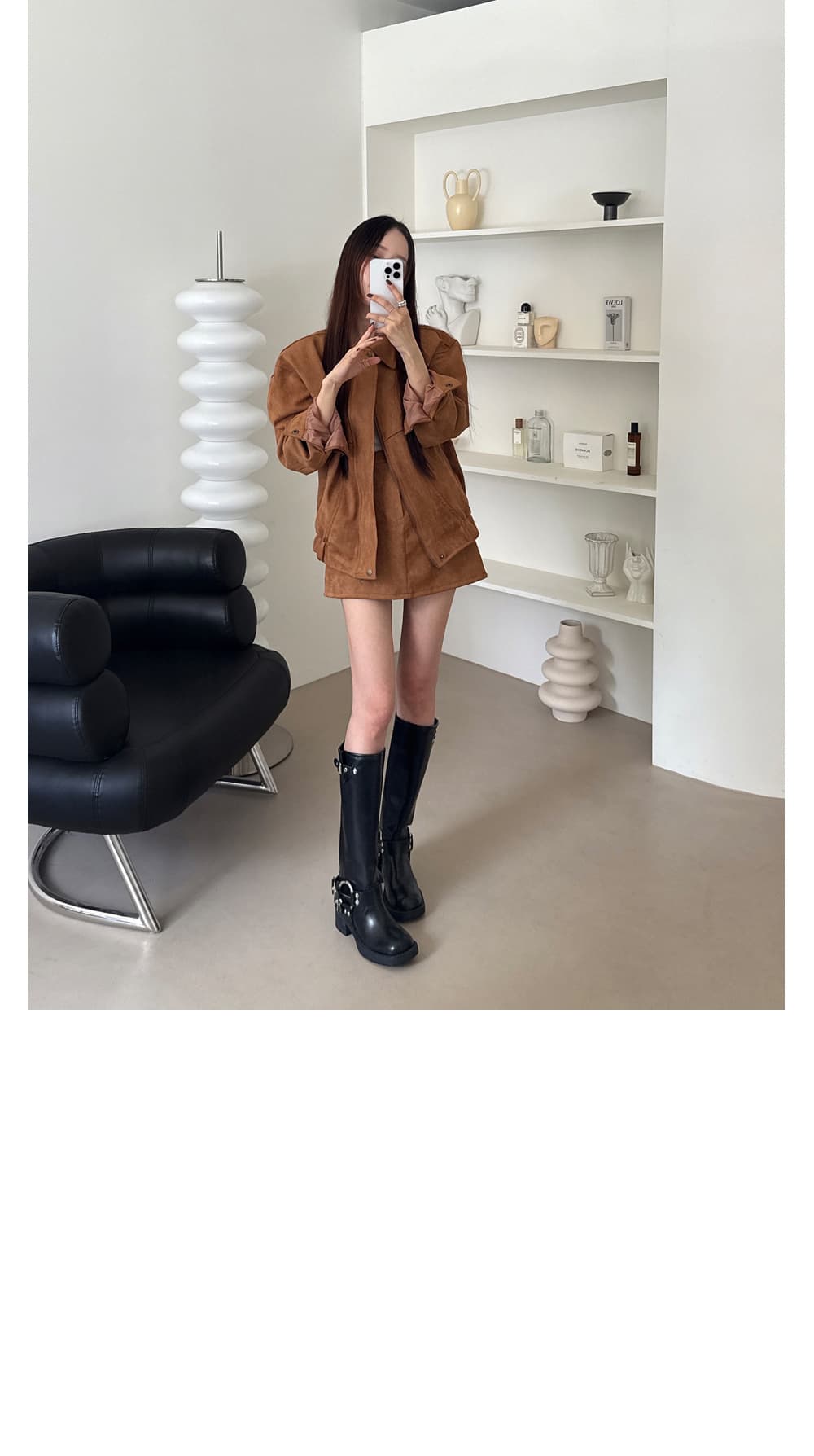 있음 선적 고대 다용도 폴로 칼라 루즈핏 긴팔 재킷 재킷 한 마디 반신 스커트 미니 스커트 투피스 세트 상세 이미지 6