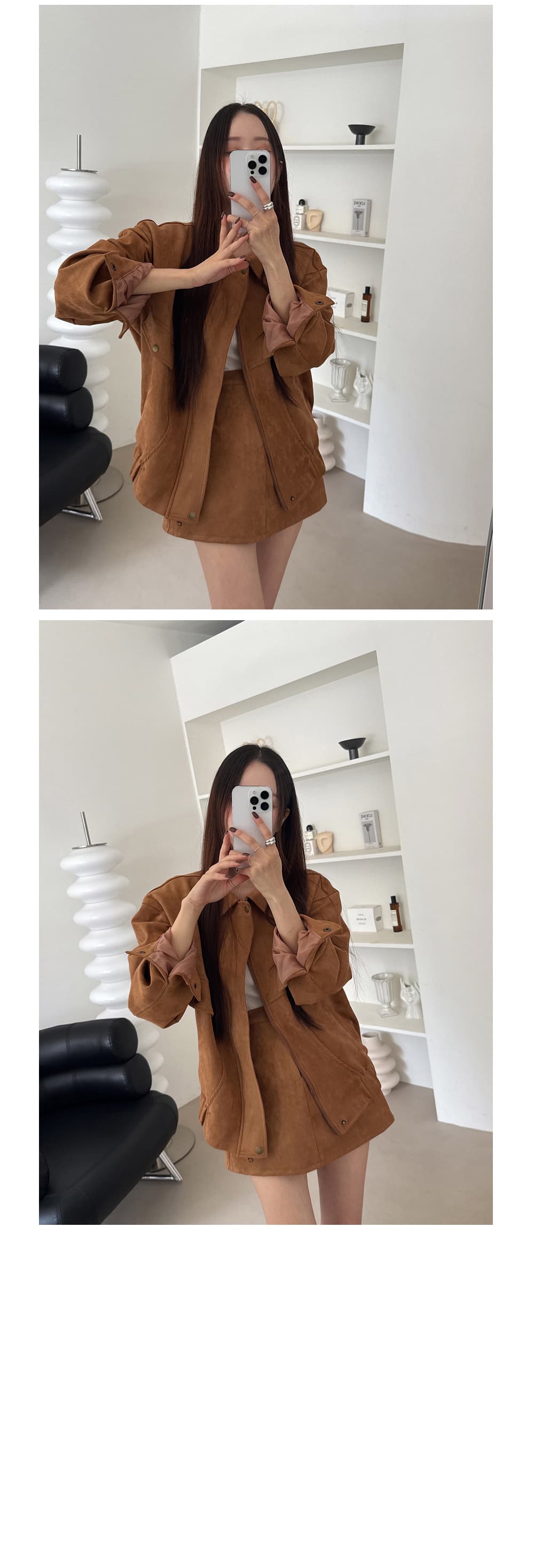 있음 선적 고대 다용도 폴로 칼라 루즈핏 긴팔 재킷 재킷 한 마디 반신 스커트 미니 스커트 투피스 세트 상세 이미지 9