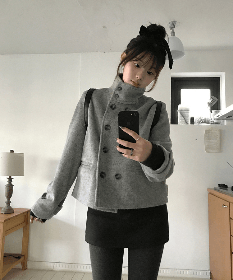 7 있음 선적 레트로 정장 칼라 이중 버튼 주머니 작은 대중 루즈핏 다용도 짧은 머리 여성 코트 상세 이미지 2