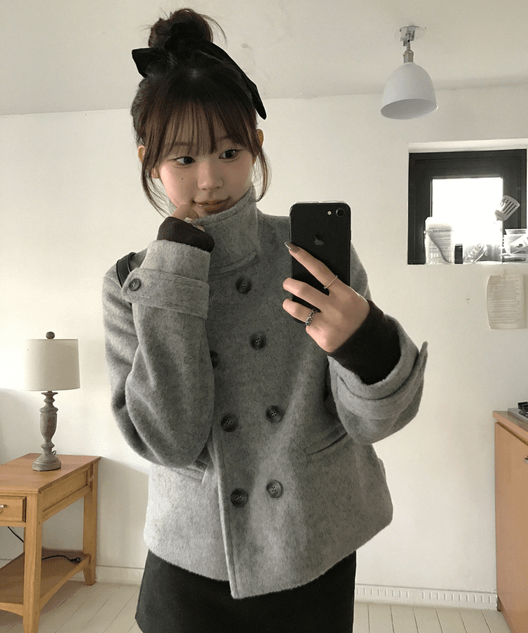 7 있음 선적 레트로 정장 칼라 이중 버튼 주머니 작은 대중 루즈핏 다용도 짧은 머리 여성 코트 상세 이미지 3