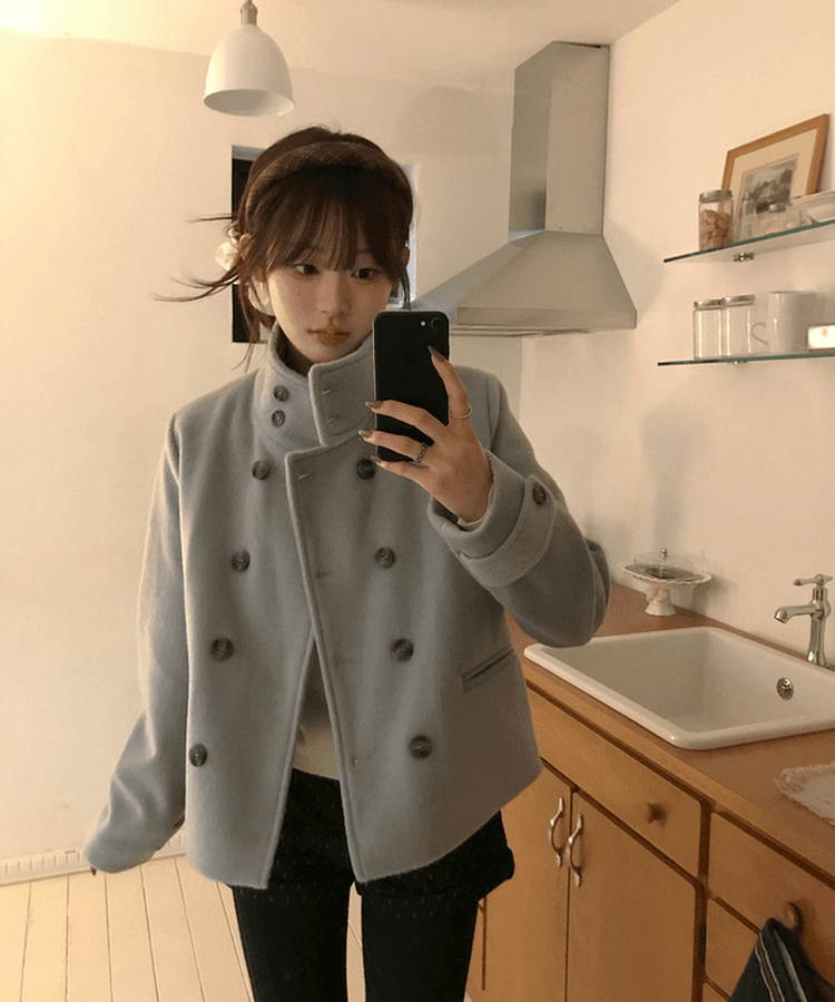 7 있음 선적 레트로 정장 칼라 이중 버튼 주머니 작은 대중 루즈핏 다용도 짧은 머리 여성 코트 상세 이미지 13