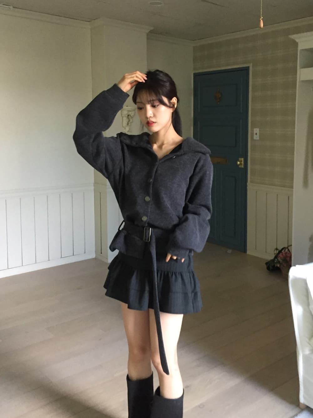 있음 선적 디자인 센스 스트랩 터틀넥 단추 니트 스웨터 롱 코트 오픈 가디건 맨위 루즈핏 여성 코트 상세 이미지 9