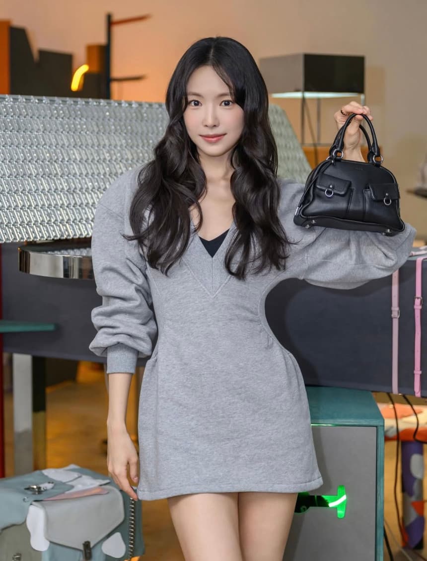 있음 선적 레트로 아메리칸 긴팔 V넥 몸매 가꾸기 슬림해 보이는 드레스 느긋한 바람 편안함 중간 길이 스커트 상세 이미지 1