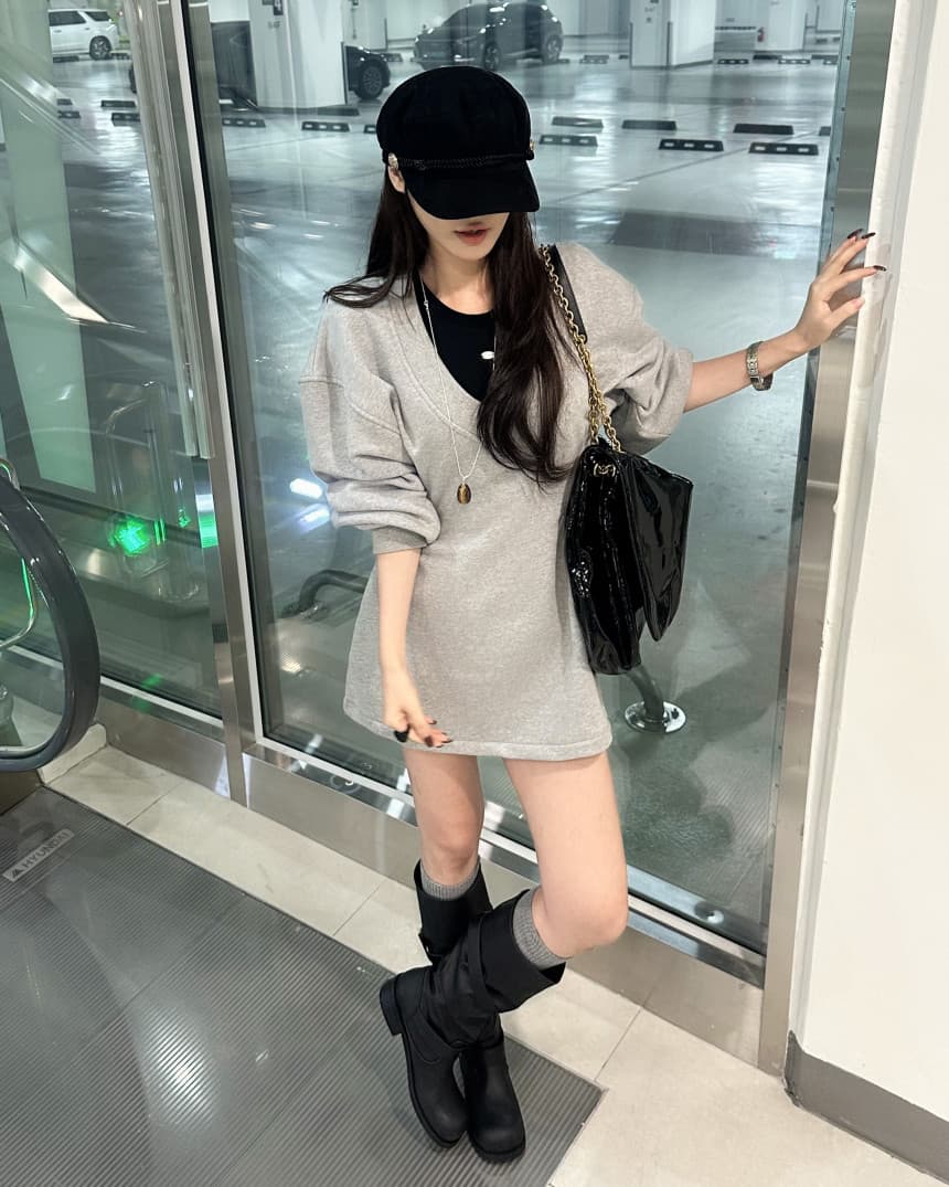 있음 선적 레트로 아메리칸 긴팔 V넥 몸매 가꾸기 슬림해 보이는 드레스 느긋한 바람 편안함 중간 길이 스커트 상세 이미지 9