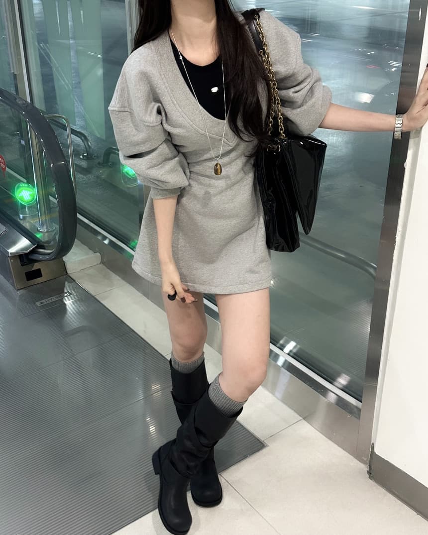 있음 선적 레트로 아메리칸 긴팔 V넥 몸매 가꾸기 슬림해 보이는 드레스 느긋한 바람 편안함 중간 길이 스커트 상세 이미지 11