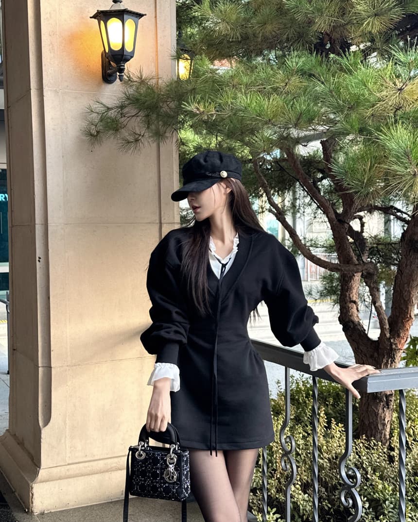 있음 선적 레트로 아메리칸 긴팔 V넥 몸매 가꾸기 슬림해 보이는 드레스 느긋한 바람 편안함 중간 길이 스커트 상세 이미지 16