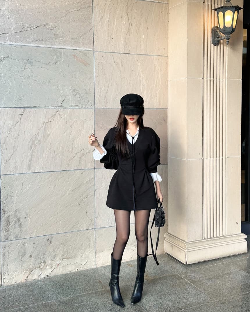 있음 선적 레트로 아메리칸 긴팔 V넥 몸매 가꾸기 슬림해 보이는 드레스 느긋한 바람 편안함 중간 길이 스커트 상세 이미지 20