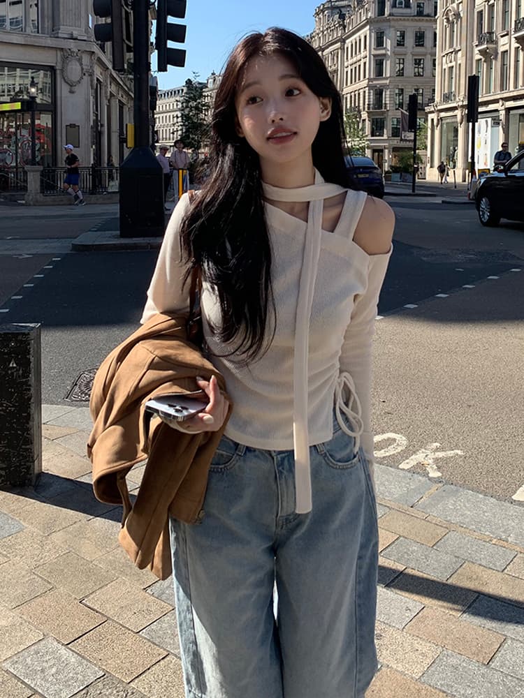 있음 선적 부드러운 스카프 펌프 로프 레이스업 오프숄더 얇은 니트 맨위 이미지 2