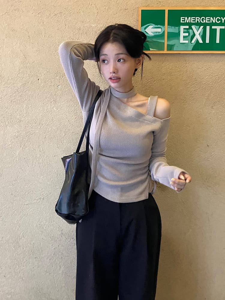 있음 선적 부드러운 스카프 펌프 로프 레이스업 오프숄더 얇은 니트 맨위 이미지 3