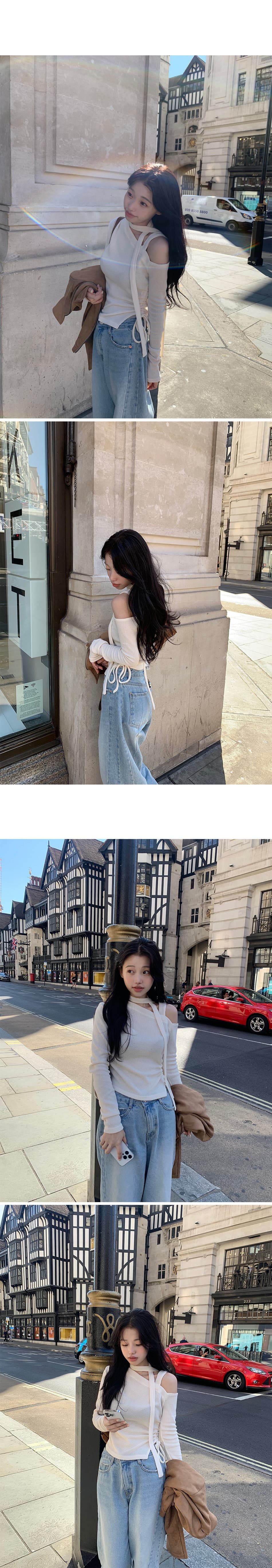 있음 선적 부드러운 스카프 펌프 로프 레이스업 오프숄더 얇은 니트 맨위 상세 이미지 10