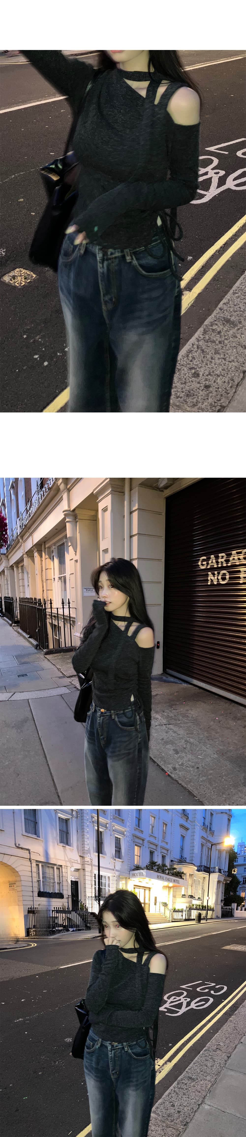 있음 선적 부드러운 스카프 펌프 로프 레이스업 오프숄더 얇은 니트 맨위 상세 이미지 20
