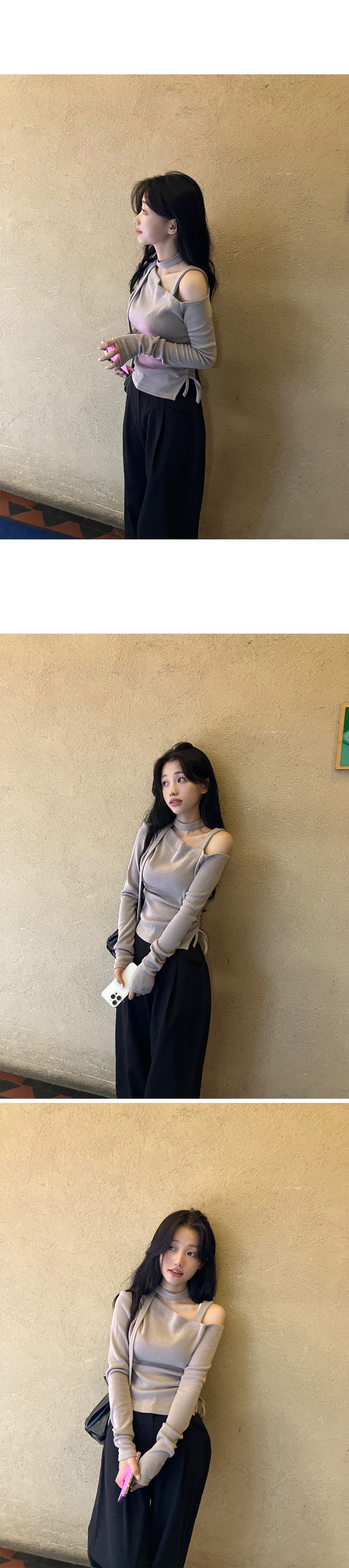 있음 선적 부드러운 스카프 펌프 로프 레이스업 오프숄더 얇은 니트 맨위 상세 이미지 28