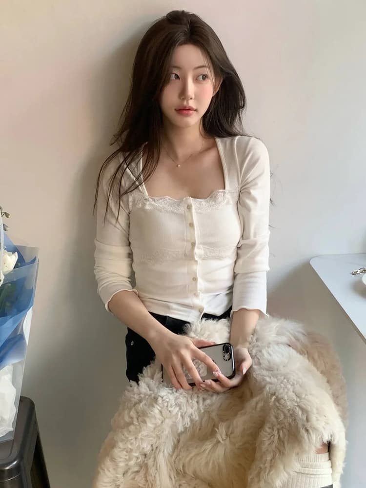 있음 선적 달콤함 레이스 긴팔 오픈 가디건