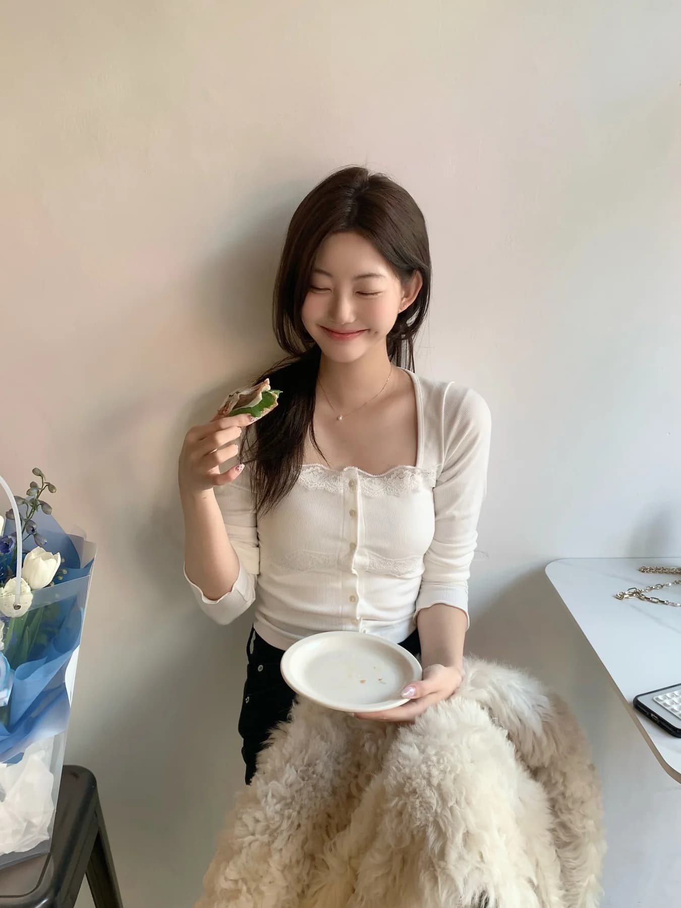 있음 선적 달콤함 레이스 긴팔 오픈 가디건 상세 이미지 4