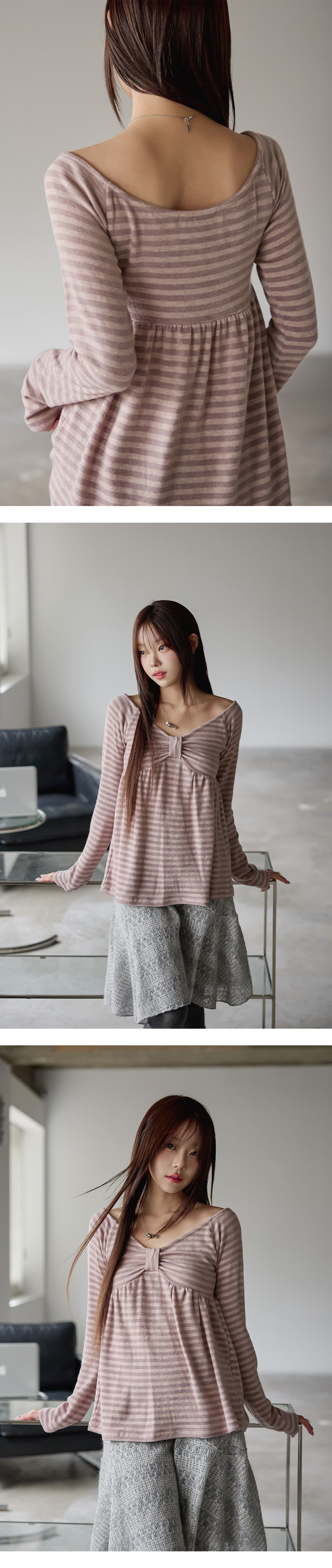 있음 선적 나비 매듭 클래식 스트라이프 디자인 일본식 빛 아시아 인 센스 한 단어 오프숄더 만나는 긴팔 맨위 여성 상세 이미지 5