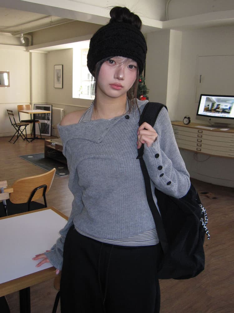 있음 선적 불규칙 비스듬한 버클 캐주얼 다용도 플러시 표면 슬림해 보이는 터틀넥 후드 긴팔 맨위 이미지 4